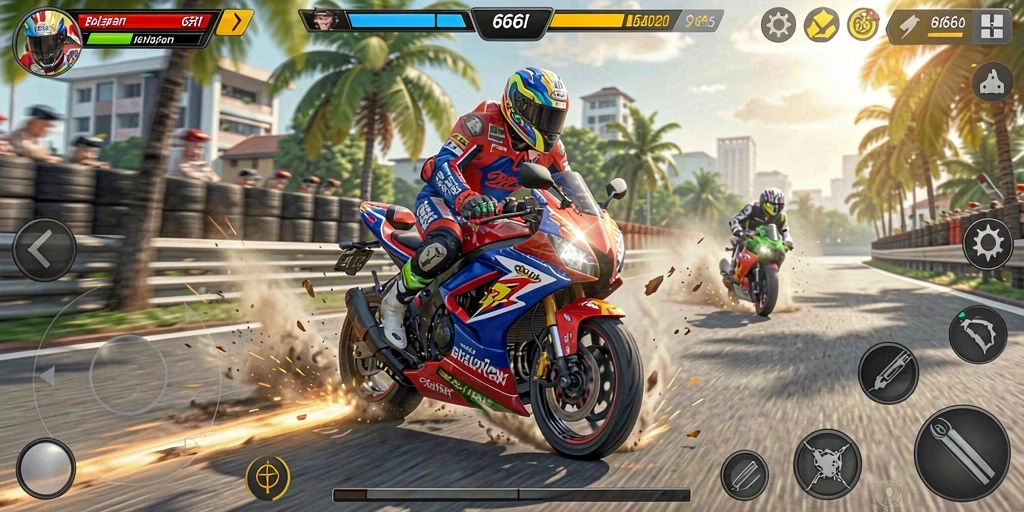 Tangkapan layar gameplay 666I menampilkan balapan motor yang cepat dan mendebarkan.