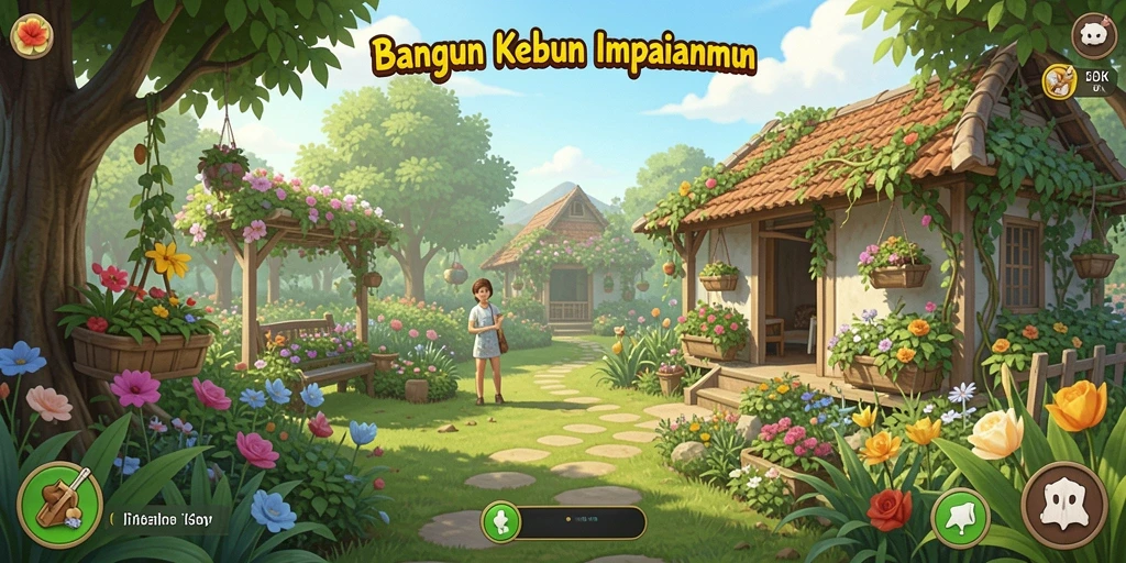 Tampilan gameplay DKK yang menampilkan kebun yang rimbun dan subur.