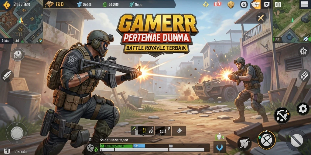 Screenshot GAMERP menampilkan aksi pertempuran intens di arena Battle Royale.