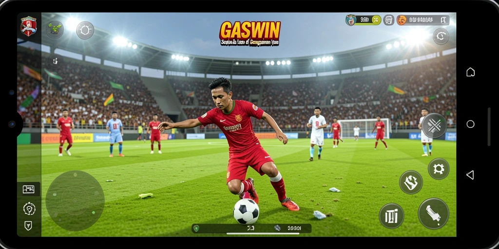 Tampilan gameplay GASWIN dengan aksi sepak bola yang seru dan realistis.
