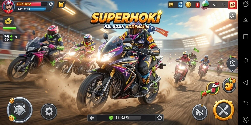 Tampilan seru balapan motor di SUPERHOKI dengan trek yang beragam.