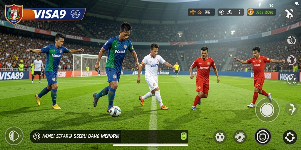 Tangkapan layar dari gameplay VISA89 yang menampilkan aksi sepak bola yang seru.