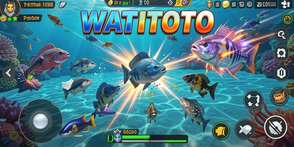 Tangkapan layar gameplay WATITOTO menampilkan aksi menangkap ikan.