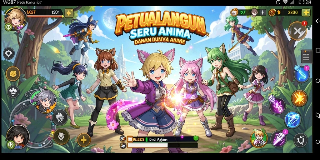 Screenshot utama WG87 menampilkan karakter anime beraksi dalam pertempuran.